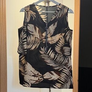 Women's Black and Tan Leaf Print Sleeveless Top